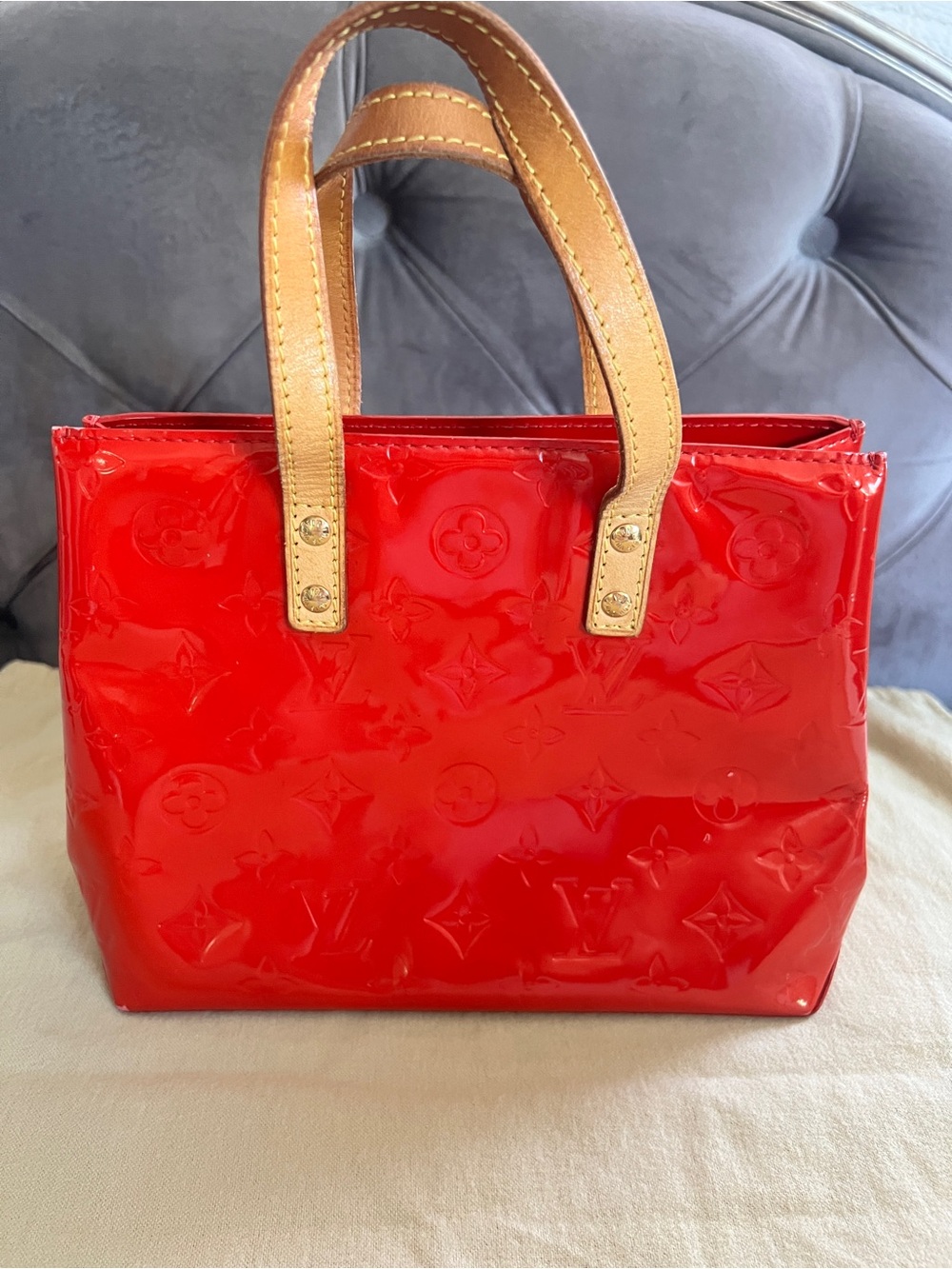 Louis Vuitton Red Patent Monogram Tote with Tan Handles